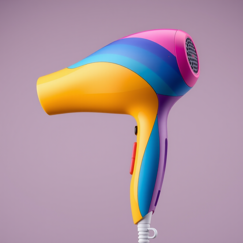 Create a high-resolution image of a colorful hairdryer with smooth lines and a modern design, using a 50mm lens, f/2.8 aperture, ISO 100, shot from a slightly angled front view with soft lighting to enhance details and colors.