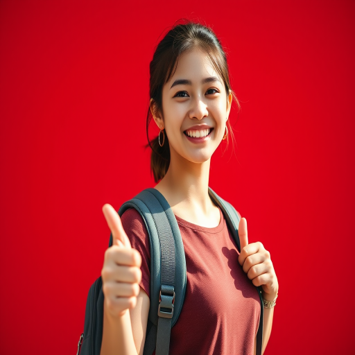 portrait of a smiling young woman with a backpack standing against a bright red background, thumbs up gesture, natural light, aperture f/2.8, ISO 100, shutter speed 1/250s, shot with a DSLR camera, 50mm lens, slight right angle view to emphasize the background