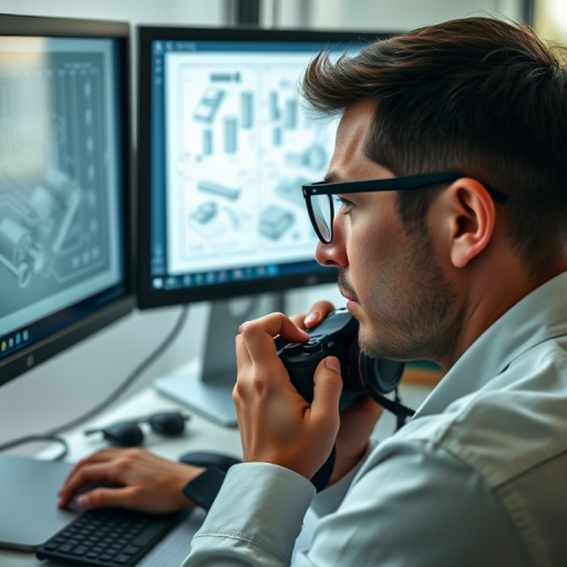 Create an image of a person with glasses working intently at a computer displaying intricate engineering blueprints, with a close-up view, using a DSLR camera, ISO 100, f/4 aperture, 50mm lens, and soft natural lighting for clarity and detail.