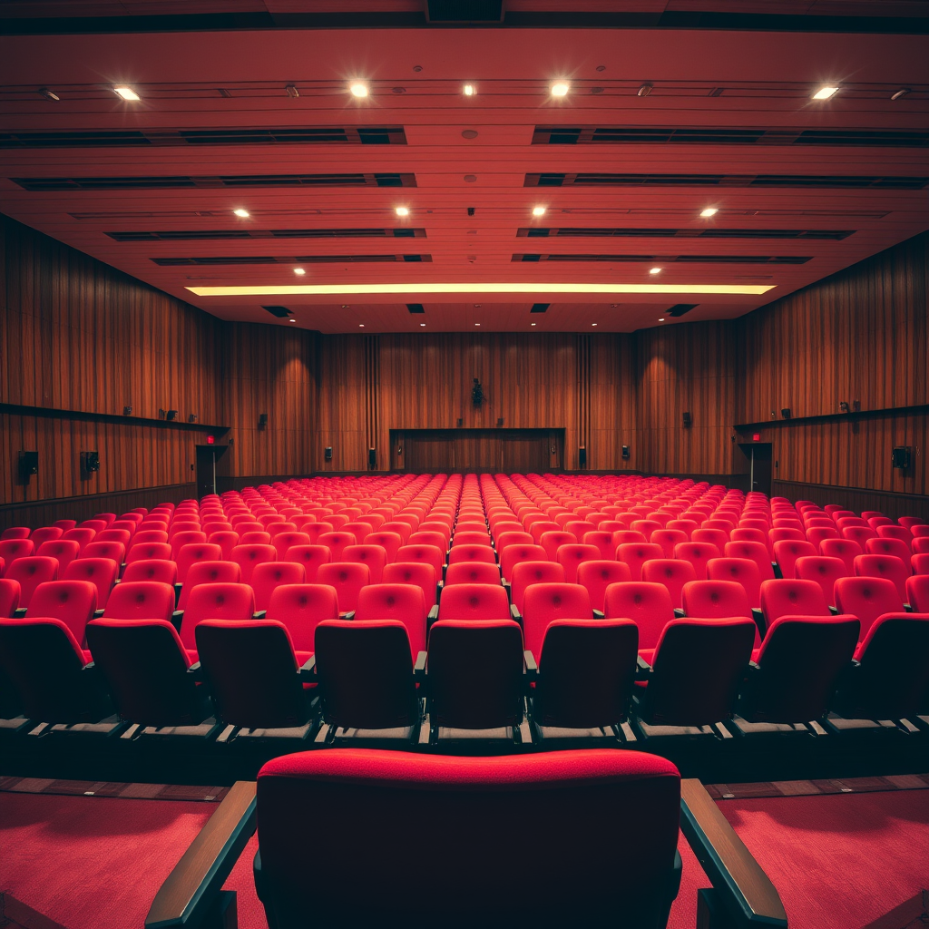 Interior of an auditorium with red seats arranged in rows, wood paneling on the walls, bright overhead lighting, and a stage at the front; captured with a DSLR camera, aperture f/2.8, ISO 400, 24mm lens, wide-angle view, natural lighting to enhance image quality.