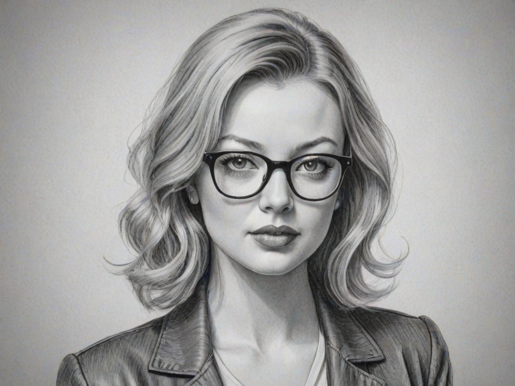 Splendid Francesca Eastwood, pencil sketch, portrait of Splendid woman 1945s in glasses, hair style beatnik, outline, clear lines, fine lines, 8k