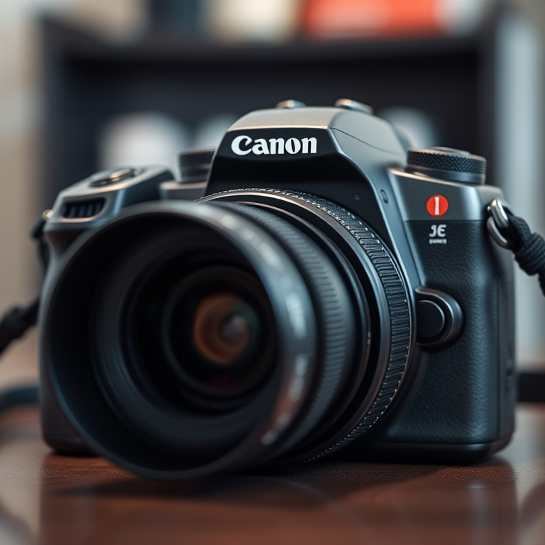 Create a high-resolution image of a modern digital camera with a sleek design, using a 35mm lens, f/2.8 aperture, 1/125 sec shutter speed, ISO 100, shot from a low angle with a shallow depth of field to blur the background.