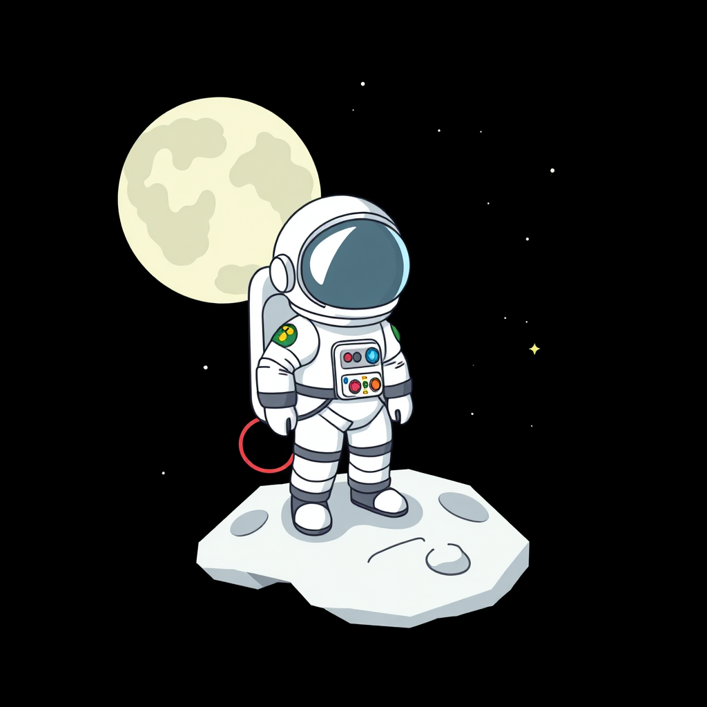 Create a high-resolution illustration of a cartoon astronaut standing on the moon with a black starry background, using a digital drawing tablet, with a focus on vivid colors and crisp lines, and ensure the composition is centered and well-balanced.