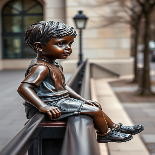 Create a high-resolution image of a bronze statue of a young boy sitting on a railing, captured with a DSLR camera, 50mm lens, f/1.8 aperture, 1/250s shutter speed, ISO 200, natural light, and at eye level for a realistic perspective.