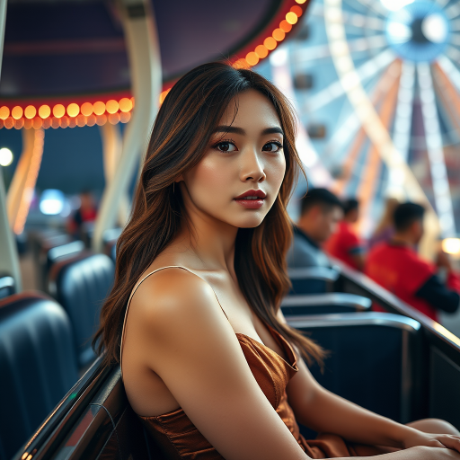 Attractive photo of woman:Taiwanese:0.4, highlight hair, wearing Bronze dress, sitting on Ferris wheel car, rim lighting, studio lighting, looking at the camera, dslr, ultra quality, sharp focus, tack sharp, dof, film grain, Fujifilm XT3, crystal clear, 8K UHD, highly detailed glossy eyes, high detailed skin, skin pores