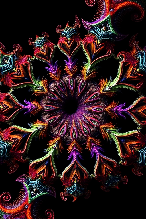 create a detailed fractal design featuring intricate patterns and vibrant colors on a black background, using a DSLR camera with a 50mm lens, aperture f/2.8, ISO 100, with a high dynamic range view to enhance texture and depth in the image.