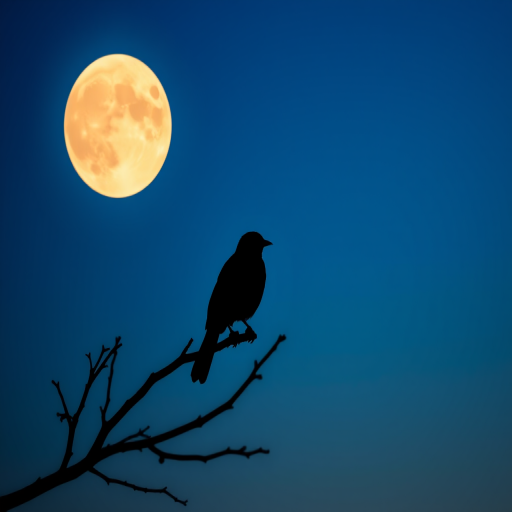 Create a silhouette of two birds perched on a branch against a large, glowing full moon, nighttime setting with a gradient blue background and subtle stars in the sky, captured with a DSLR camera, aperture f/2.8, ISO 100, 50mm lens, portrait orientation for a soft bokeh effect.