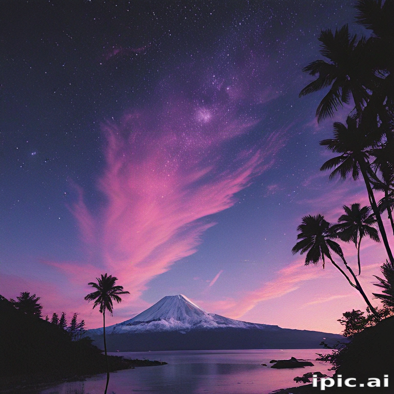 Majestic Mountain Under a Starry Sky with Vibrant Pink Clouds