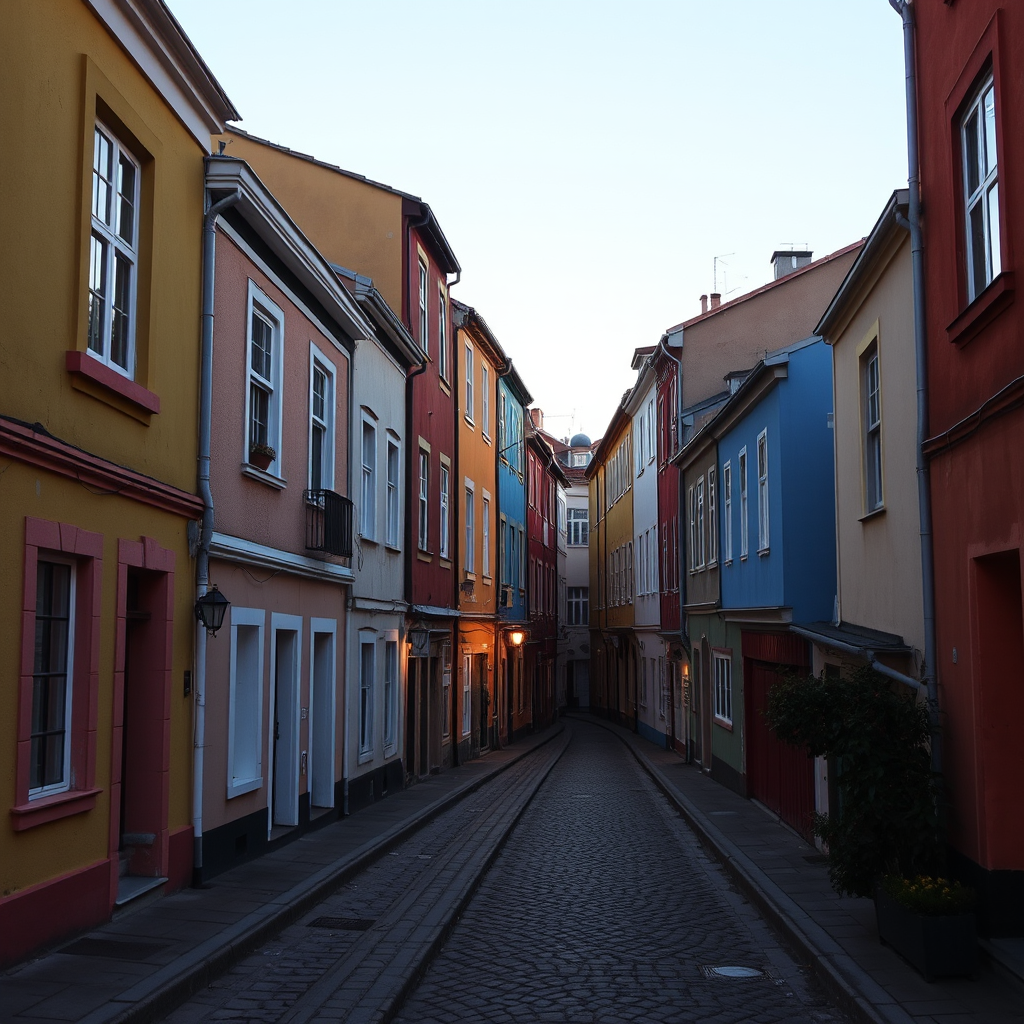 narrow cobblestone street between colorful buildings at dusk, soft warm lighting, 50mm lens, f/2.8 aperture, ISO 200, HDR style photography, DSLR camera, wide-angle view