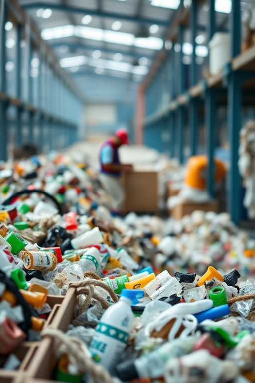 Generate an image of a worker in a recycling facility sorting plastic waste, natural lighting, 50mm lens, f/2.8 aperture, ISO 200, shot from a slightly elevated angle, focus on the worker with a blurred background for depth.