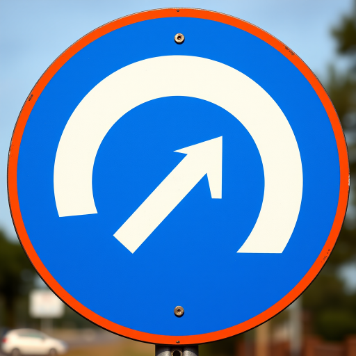 Create a high-resolution image of a U-turn road sign with a white arrow pointing downwards on a blue circular background, using a DSLR camera with a focal length of 50mm, aperture set to f/2.8, ISO 100, and a standard view.