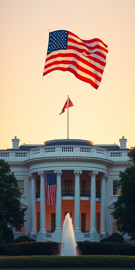 regenerate a detailed illustration of the White House with an American flag, using a DSLR camera at f/8 aperture, ISO 100, 50mm lens, shot during golden hour for warm lighting and enhanced contrast, from a low angle perspective to emphasize the structure.