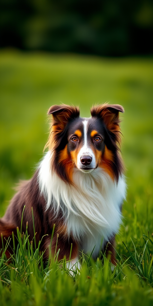 Portrait of a graceful collie dog sitting in a lush green field, natural light, f/2.8, 1/200s, ISO 100, 50mm lens, shallow depth of field, DSLR camera, focused on the dog's face with a soft blur of the background.