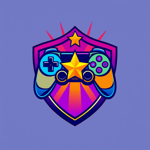 Create a vibrant logo design featuring a gaming controller and star within a shield, use bright colors like blue, orange, and purple for a modern look, set in a digital art style, high resolution, 300 DPI, use a Canon EOS R5, f/4 aperture, ISO 100, 50mm lens for sharp details and vivid colors.