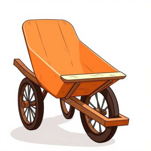 Create an illustration of a wooden wheelbarrow with an orange body and brown wooden slats, set against a white background, captured from a side view using a DSLR camera with a 50mm lens, aperture f/2.8, shutter speed 1/250s, and ISO 100 for enhanced clarity and detail.