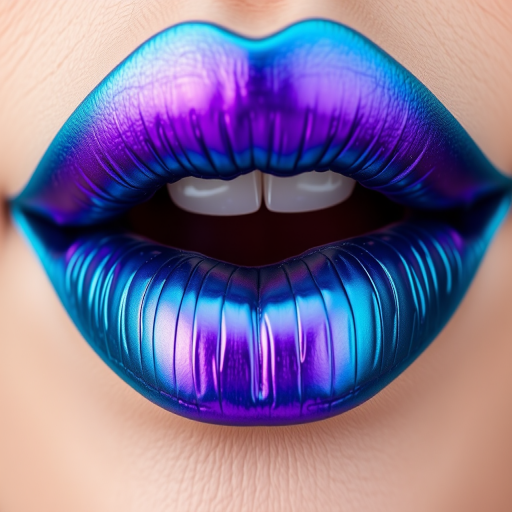 Duochrome lips shifting between teal and purple, creating a mesmerizing color-changing effect as the viewing angle changes, ideal for a mermaid-themed makeup look
