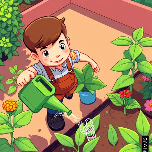 Create a vibrant illustration of a cartoon gardener watering plants with a green watering can, high angle view, DSLR camera, aperture f/4, shutter speed 1/250, ISO 100, bright colors and clean lines for clarity.