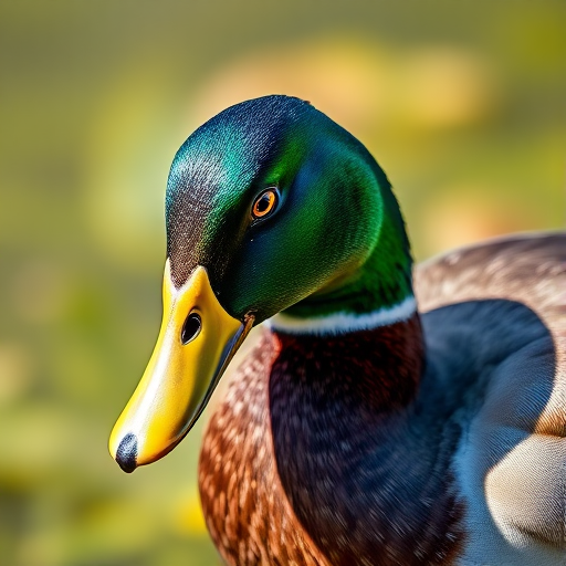 Generate a high-resolution image of a mallard duck with a focus on its vibrant green head, using a 50mm lens, aperture f/2.8, ISO 100, in natural sunlight, with a shallow depth of field to create a soft background.
