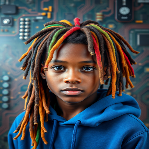 Create a portrait of a young person with vibrant, multi-colored dreadlocks wearing a blue hoodie, set against an abstract background of computer circuitry and technology elements, using a DSLR camera with a 50mm lens, aperture set to f/1.8, ISO 100, and a soft focus for background depth.