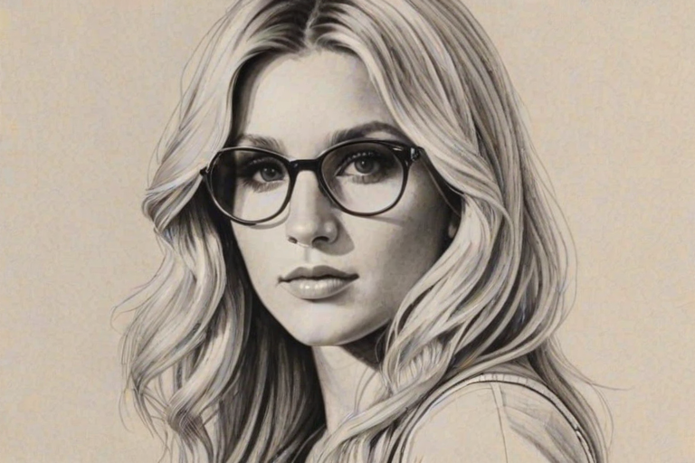 Lovely Kesha, pencil sketch, portrait of Exquisite woman 1974s in glasses, hair style beatnik, outline, clear lines, fine lines, 8k