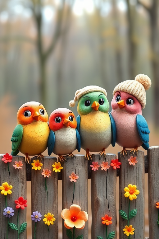 create a scene of 4 quirky  whimsical colourful comical birds each with a funny expression. they are sat on a wooden fence with colourful flowers. they are all different sizes. each one is a different colour  one is wearing a woolly hat. Each one has a different quirky google expression and there is a muted background of trees watercolour paintierly style high definition 8k resolution 3D paper mache