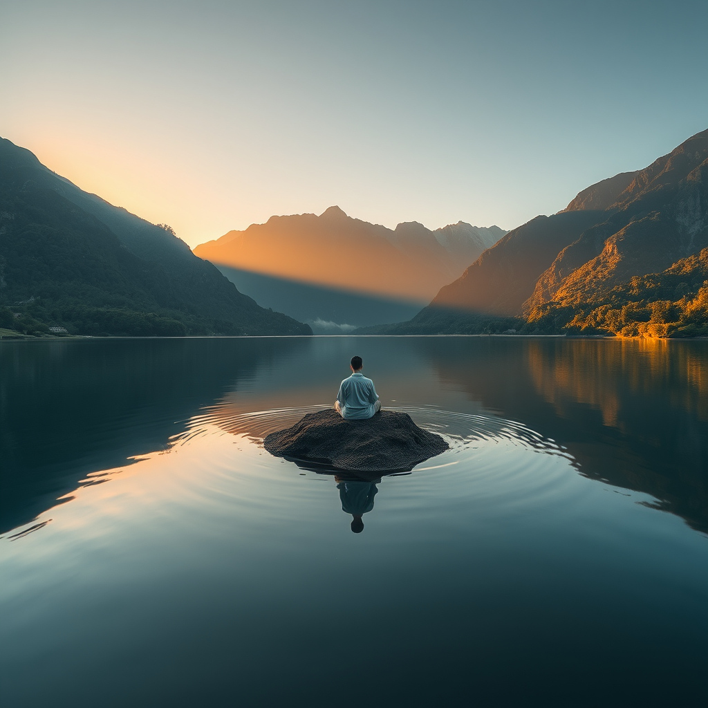 Create a serene landscape featuring a meditating figure on a small island in a calm lake surrounded by lush mountains at sunrise, with soft golden light illuminating the scene, shot with a Canon EOS R5, 24mm lens, f/2.8 aperture, ISO 100, shutter speed 1/200 sec, using a wide-angle view for depth and clarity.