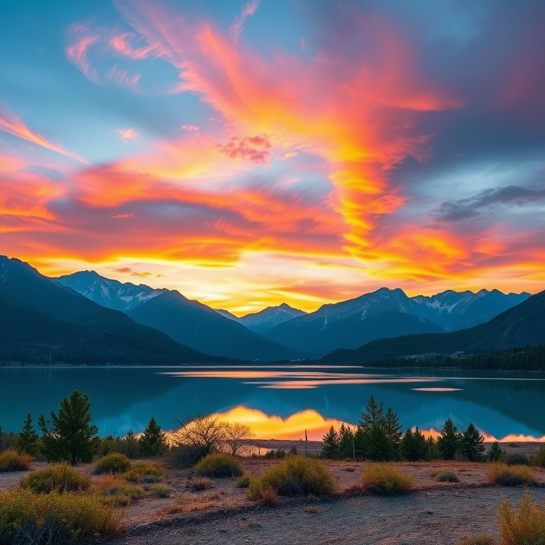 Create a high-resolution image of a serene landscape with mountains in the background, a vibrant sunset sky, and a calm lake reflecting the scene, using a DSLR camera at 24mm focal length, aperture f/8, ISO 200, and a HDR technique for enhanced detail and color saturation.