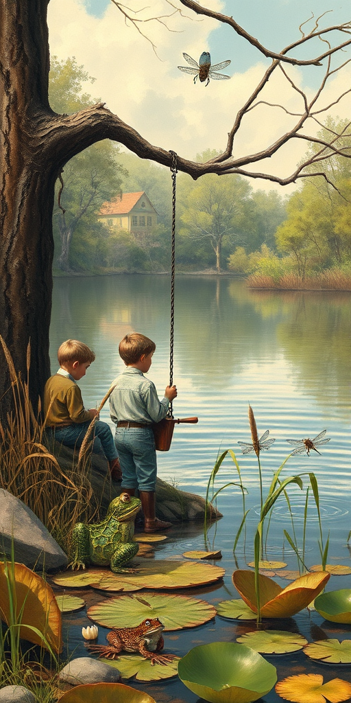 Imagine a small group of old fashioned young boys out fishing by the creek, a swing hanging from a tree branch, reeds and grasses by the water's edge, a frog sitting on a lily pad, dragonflies hovering over som water plans, a very iconic old fashioned scene reminiscent of a Norman Rockwell painting style