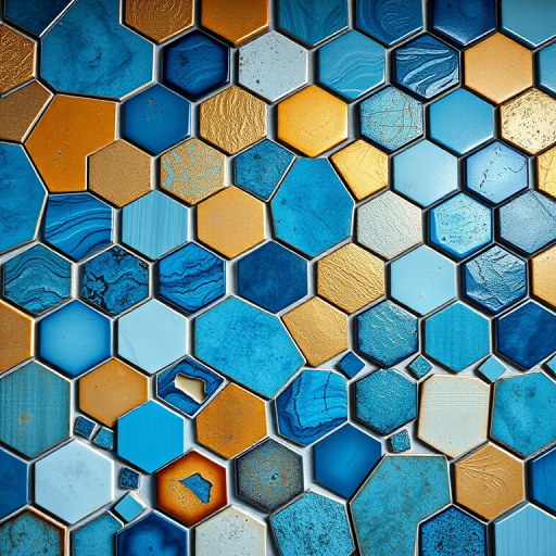 Create a vivid image of a hexagonal tile wall featuring a variety of colors and textures, emphasizing blue, gold, and metallic shades, shot with a Canon EOS R5 at f/8, ISO 100, 24mm lens, with soft diffused lighting and a shallow depth of field.