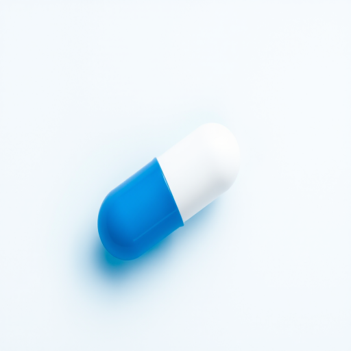 Generate a high-resolution image of a blue and white capsule on a transparent background, shot with a 50mm lens, aperture f/2.8, ISO 100, using a macro photography style on a DSLR camera capturing top-down view.