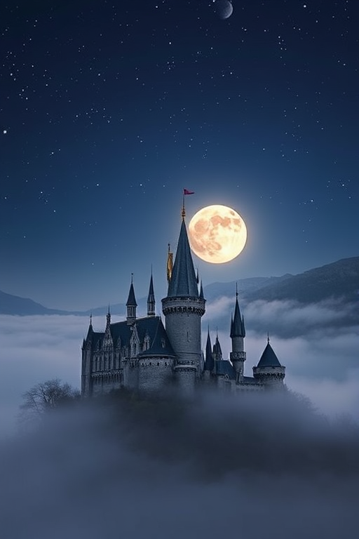 Generate a castle surrounded by a misty landscape under a starry night sky with a large glowing moon in the background, using a DSLR camera, 35mm lens, f/8 aperture, ISO 100, and a long exposure to capture smooth gradients in the sky.