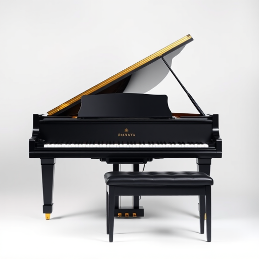 high-quality image of a black grand piano with a matching bench, side view, soft studio lighting, ISO 100, f/2.8 aperture, 50mm lens, DSLR camera