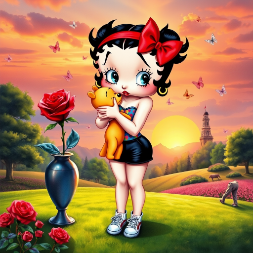Luxury 3D HD realistic watercolor oil painting. Betty Boop with black hair in two messy buns. Red headband with big bow. He wears black shorts with a colorful t-shirt. White sneakers. She is standing hugging winnie the pooth next to a large vase with a tall red rose, There are trees and butterflies flying. The land with a beautiful lawn. Full body. Background of a sunset