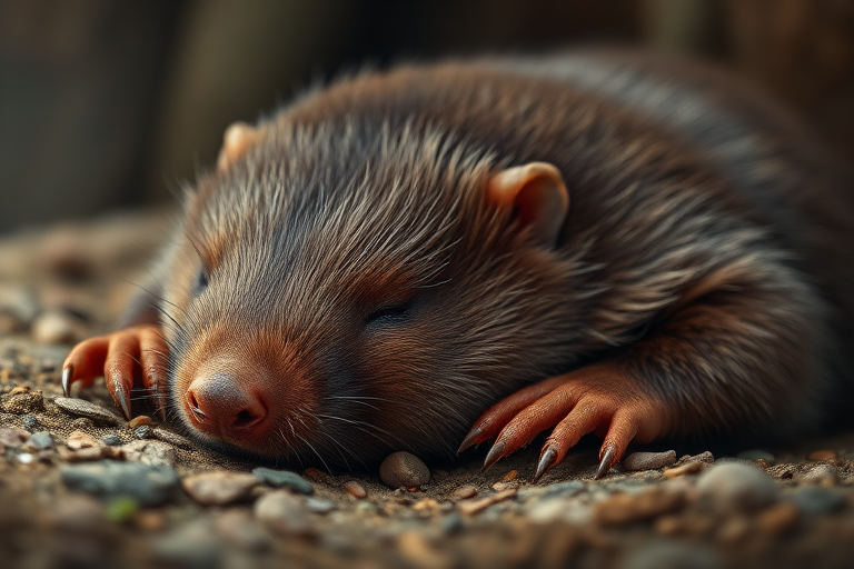 Create a highly detailed illustration of a sleeping mole with soft, fluffy fur, focusing on its distinctive claws and facial features, shot with a DSLR camera at f/2.8 aperture, 50mm lens, ISO 200, and a shallow depth of field to enhance the texture and details against a blurred background.