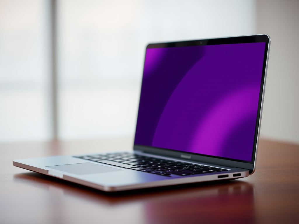 Generate an image of a sleek laptop with a modern design, featuring a purple screen, using a DSLR camera, 50mm lens, f/2.8 aperture, ISO 100, and a shallow depth of field for enhanced focus on the laptop.
