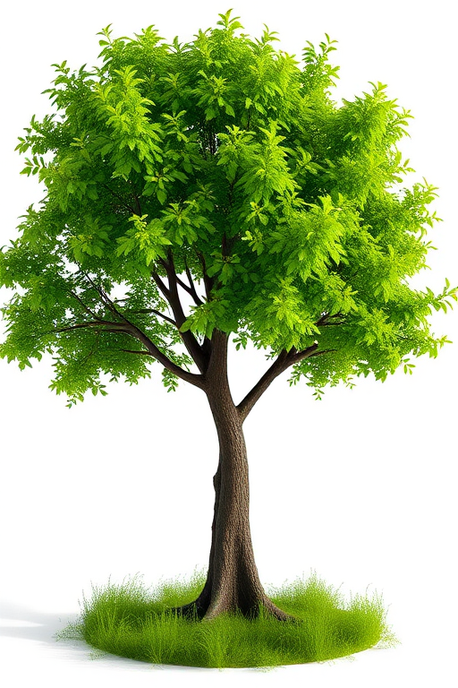 Generate a highly detailed, realistic 3D rendered image of a tree with vibrant green foliage against a transparent background, using a DSLR camera type with a 50mm lens at f/2.8 aperture, ISO 100, and a soft natural light setting to enhance image quality and depth.