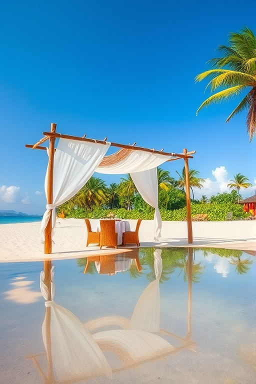 Create a picturesque tropical beach scene featuring a serene, white sandy shore. In the foreground, there's a rustic wooden canopy with white drapes gently flowing in the breeze. Underneath the canopy, a table is set with tropical decor, evoking a sense of relaxation and leisure. The beach extends into a calm, shallow water area with reflections of the sky and surroundings. Palm trees and lush greenery line the edge of the beach, providing a natural, tropical backdrop. The sky is clear with a few scattered clouds, and the overall atmosphere is tranquil and inviting, perfect for a peaceful retreat.