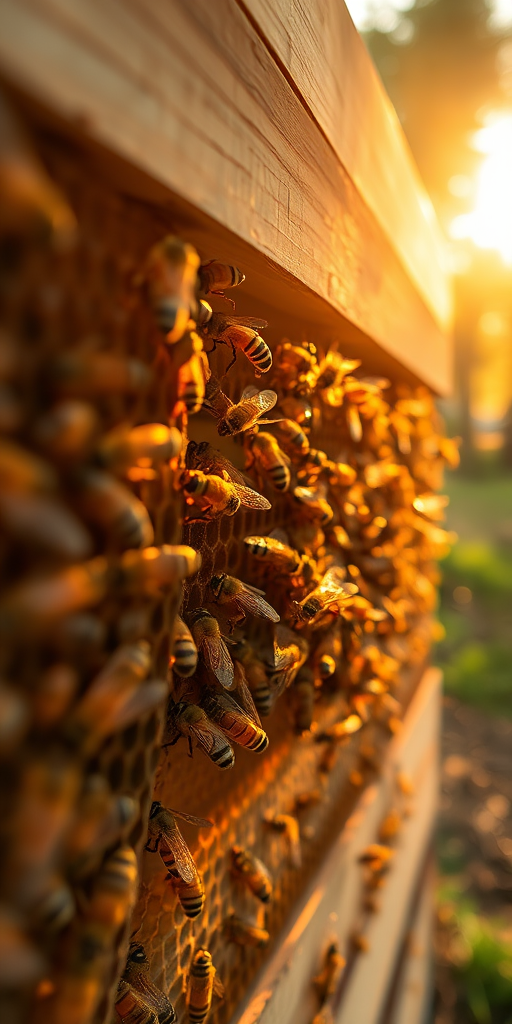 A close-up shot of a beehive with bees actively flying around, illuminated by warm golden sunlight filtering through trees, using a Canon EOS R5, 50mm lens, f/1.8, ISO 200, shutter speed 1/500s, capturing intricate details and vibrant colors.