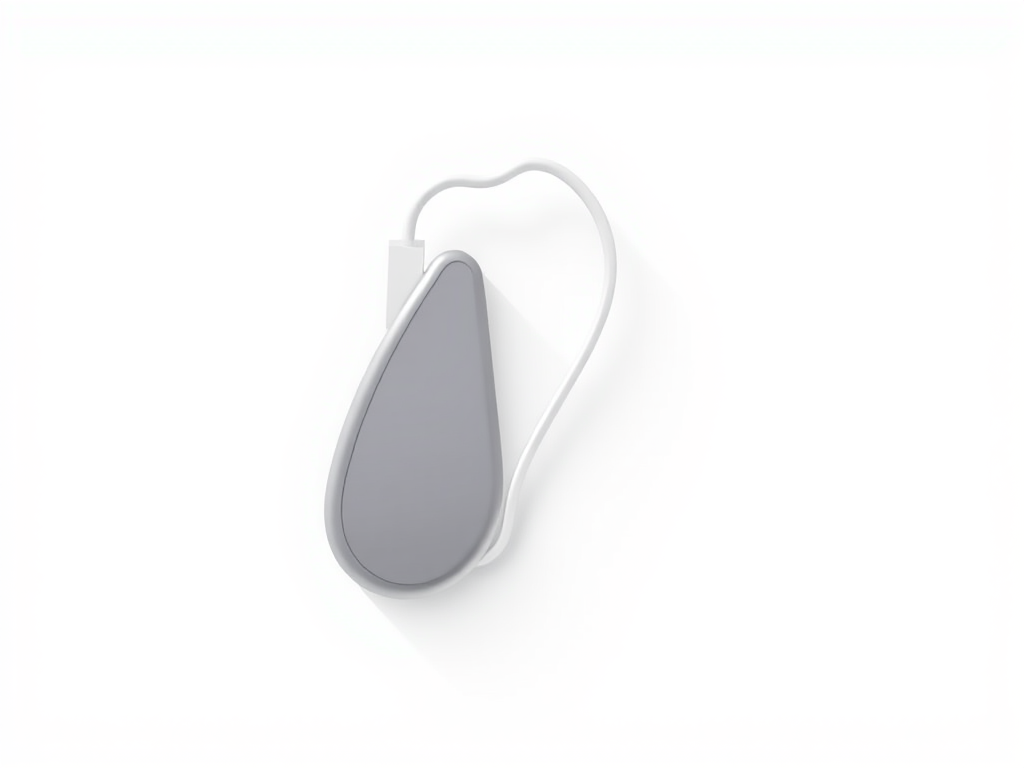 Create a high-resolution icon of a hearing aid, designed in a minimalist style, with a clean white background, using a DSLR camera with a 50mm lens, aperture set to f/4, ISO 100, and natural light.