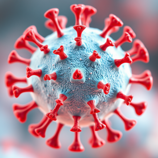 Create a highly detailed watercolor illustration of a virus structure with a light blue spherical body and red spikes, captured in a macro view with a Canon EOS R5, 100mm f/2.8 lens, aperture set to f/8, ISO 200, and a soft focus background to enhance depth of field.