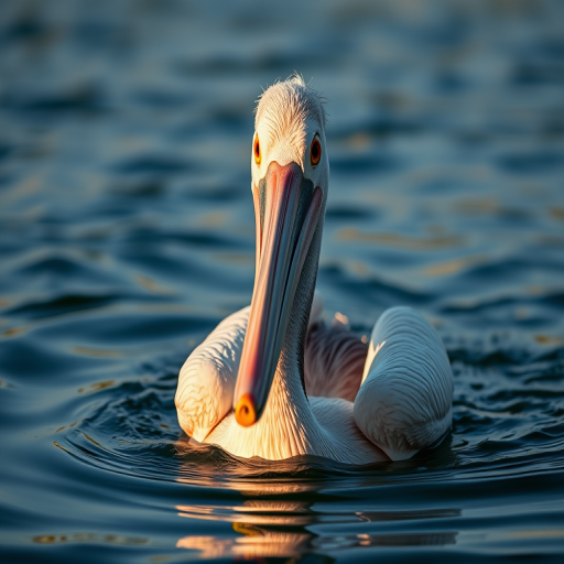 Capture a close-up image of a pelican swimming in calm waters, using a Canon EOS R5 with a 85mm f/1.2 lens, aperture set to f/2.8, ISO 200, shutter speed 1/500 sec, focus on the pelican's features, natural lighting during the golden hour, shallow depth of field for a soft background blur.