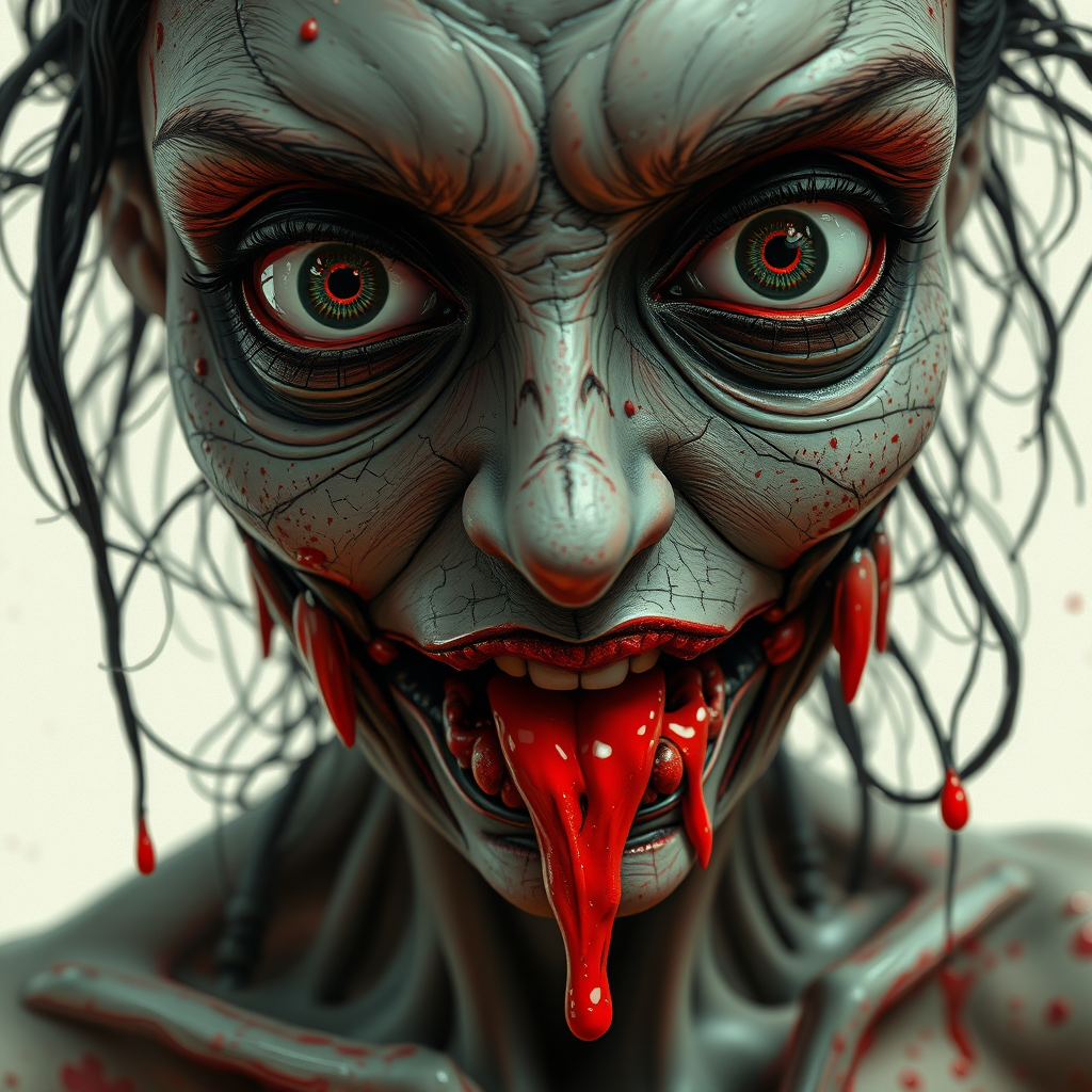 (perspective) of A creepy (ethnicity) zombie cyborg with (descriptive color) skin, (color) lipstick (color) liquid flowing from her eyes and mouth, (perspective two) portrait, (camera angle), extremely detailed, (art style) in the style of Yoshitaka Amano and Tetsuo Hara. --ar 85:128 --style raw --niji 6