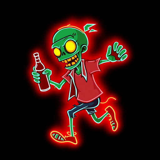 Create an image of a neon sign featuring a cartoon-style zombie in a dynamic pose, holding a bottle. The neon sign should glow in red against a dark background, making the character stand out prominently. The character should appear to be running, capturing attention with its vibrant color and action pose, perfect for advertising or decorative purposes.