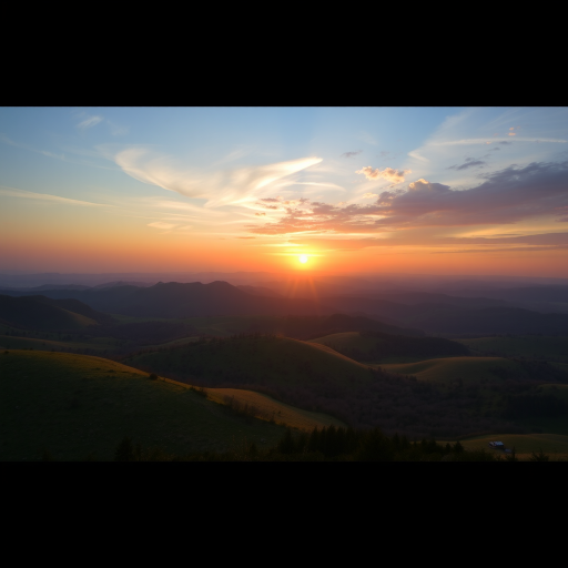Generate an image of a serene landscape with rolling hills and a sunset, using a DSLR camera with a 50mm lens, aperture set to f/4, ISO 200, shutter speed 1/200 sec, capturing a wide-angle view in vibrant colors and high detail.