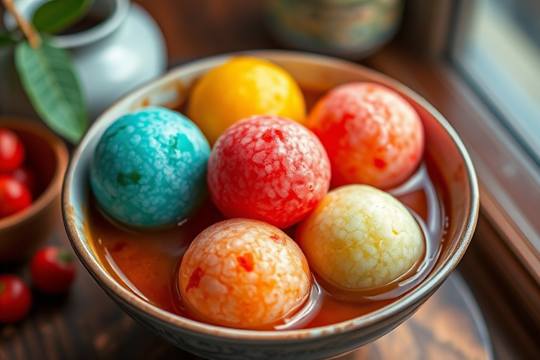 Regenerate an image of a vibrant dessert featuring colorful glutinous rice balls in a bowl filled with syrup, shot with a Canon EOS R5, 50mm f/1.8 lens, aperture f/2.8, ISO 200, with a shallow depth of field to focus on the dessert while softly blurring the background, using natural soft lighting for enhanced color richness.