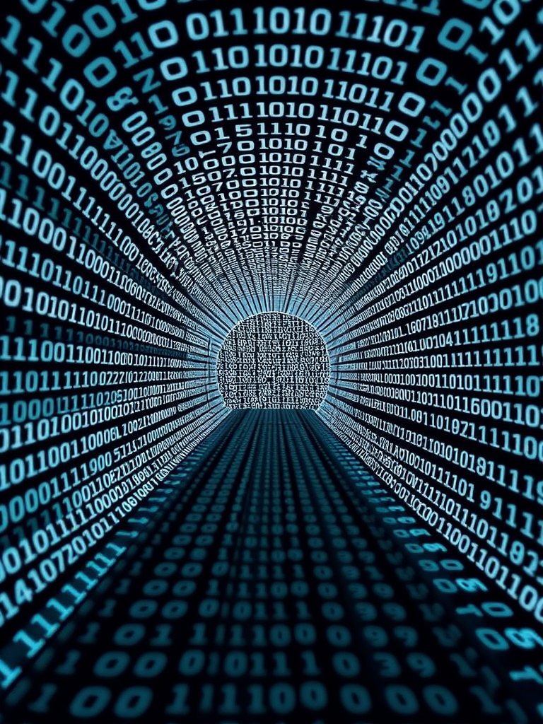 Create an image of a tunnel made of binary code with ones and zeros receding into the distance, shot with a 50mm lens, f/1.8 aperture, ISO 100, 1/125 sec, in a straight-on perspective, using a digital camera for high clarity and depth.
