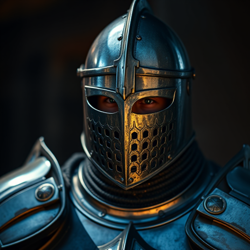Create a highly detailed and vibrant image of a medieval knight in full armor, captured with a Canon EOS R5, 85mm lens, f/1.8 aperture, ISO 100, 1/200s shutter speed, in a soft-focus background to enhance the subject, with dramatic lighting to highlight the metallic textures.