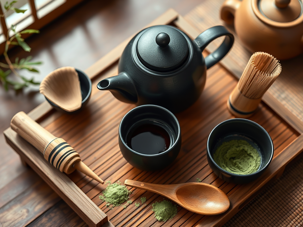 Create a high-resolution image of a traditional Japanese tea set including a black teapot, a bamboo whisk, a black tea bowl, a bamboo scoop, and matcha powder arranged aesthetically, with a shallow depth of field, natural lighting at f/2.8, ISO 100, 50mm lens, shot from a slight overhead angle for a dynamic composition.