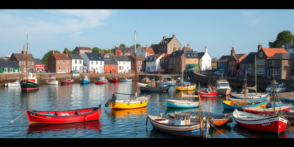 Picturesque fishing village, with colorful boats bobbing in the harbor, fishermen mending nets, and quaint houses lining the waterfront, evoking a sense of nostalgia.