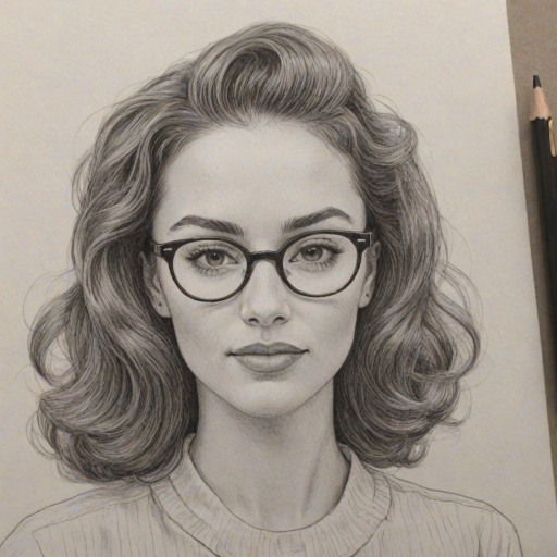 Appealing Danielle Peazer, pencil sketch, portrait of Lovely woman 1948s in glasses, hair style beatnik, outline, clear lines, fine lines, 8k